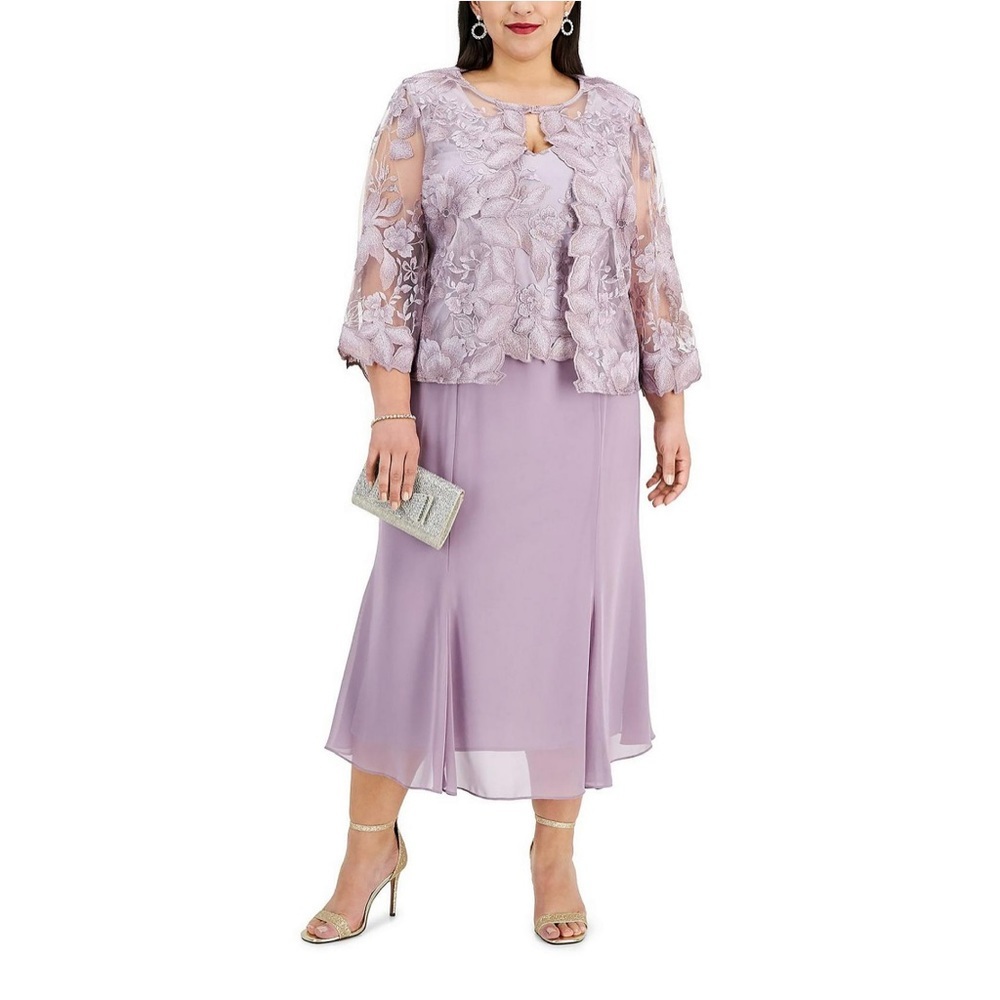 Alex Evenings Smokey Orchid Teal Length EmbroideredDress Sz16p